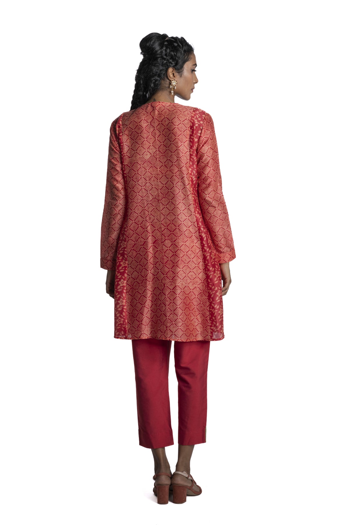 Red Chanderi Floral Embroidered Tunic Set