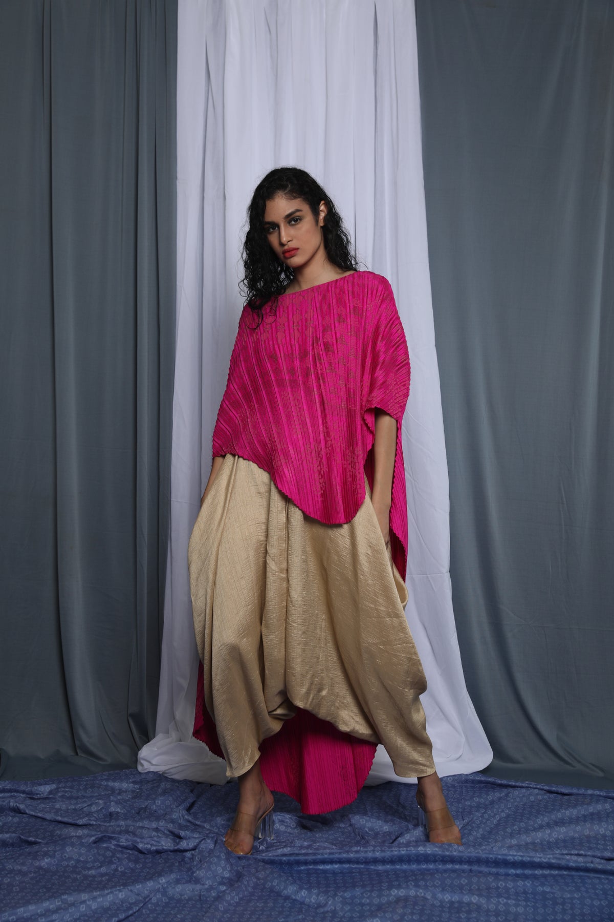 Pink Pleated Printed Asymmetric Cape