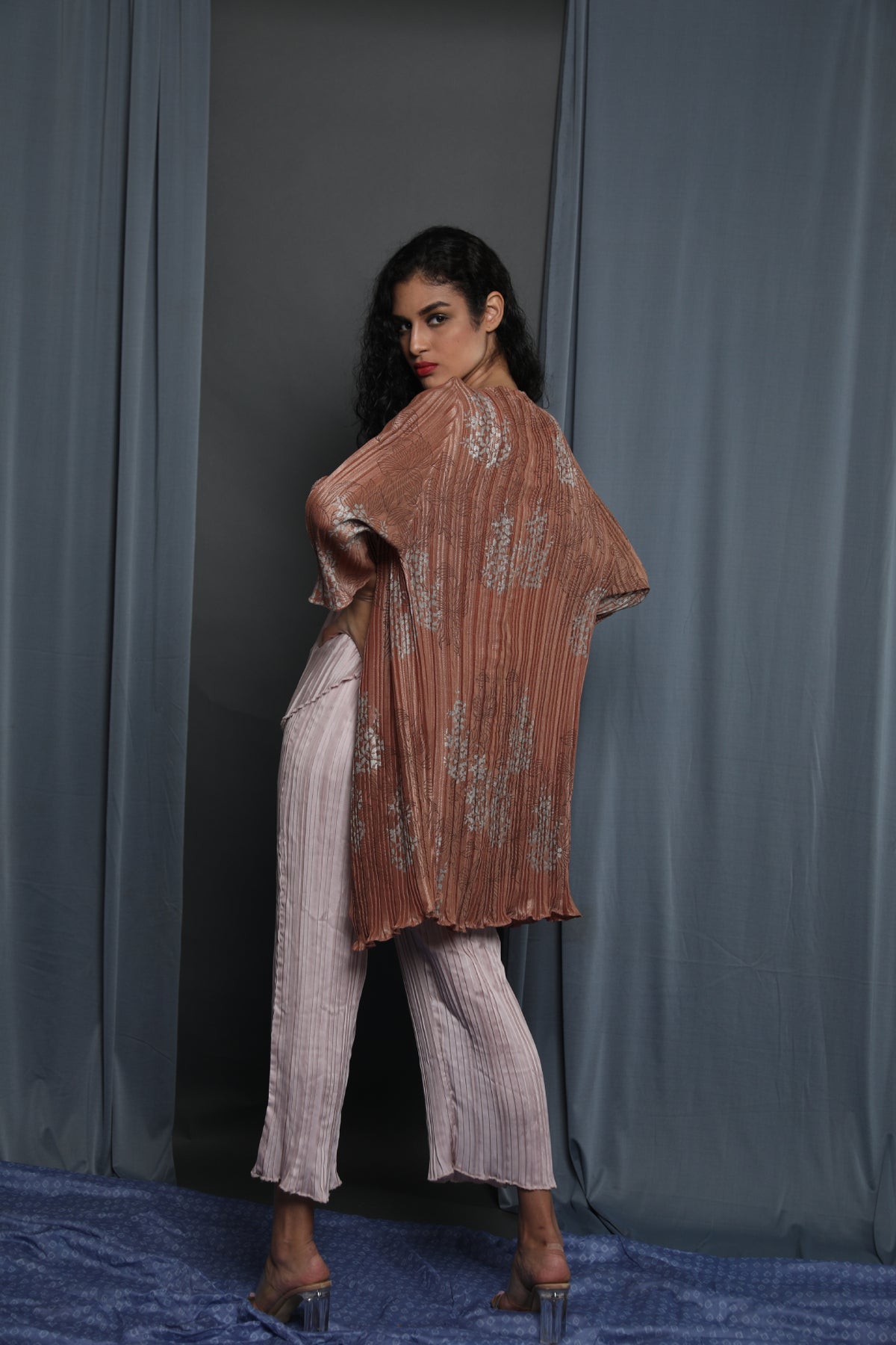 Copper Printed Pleated Jacket  Set